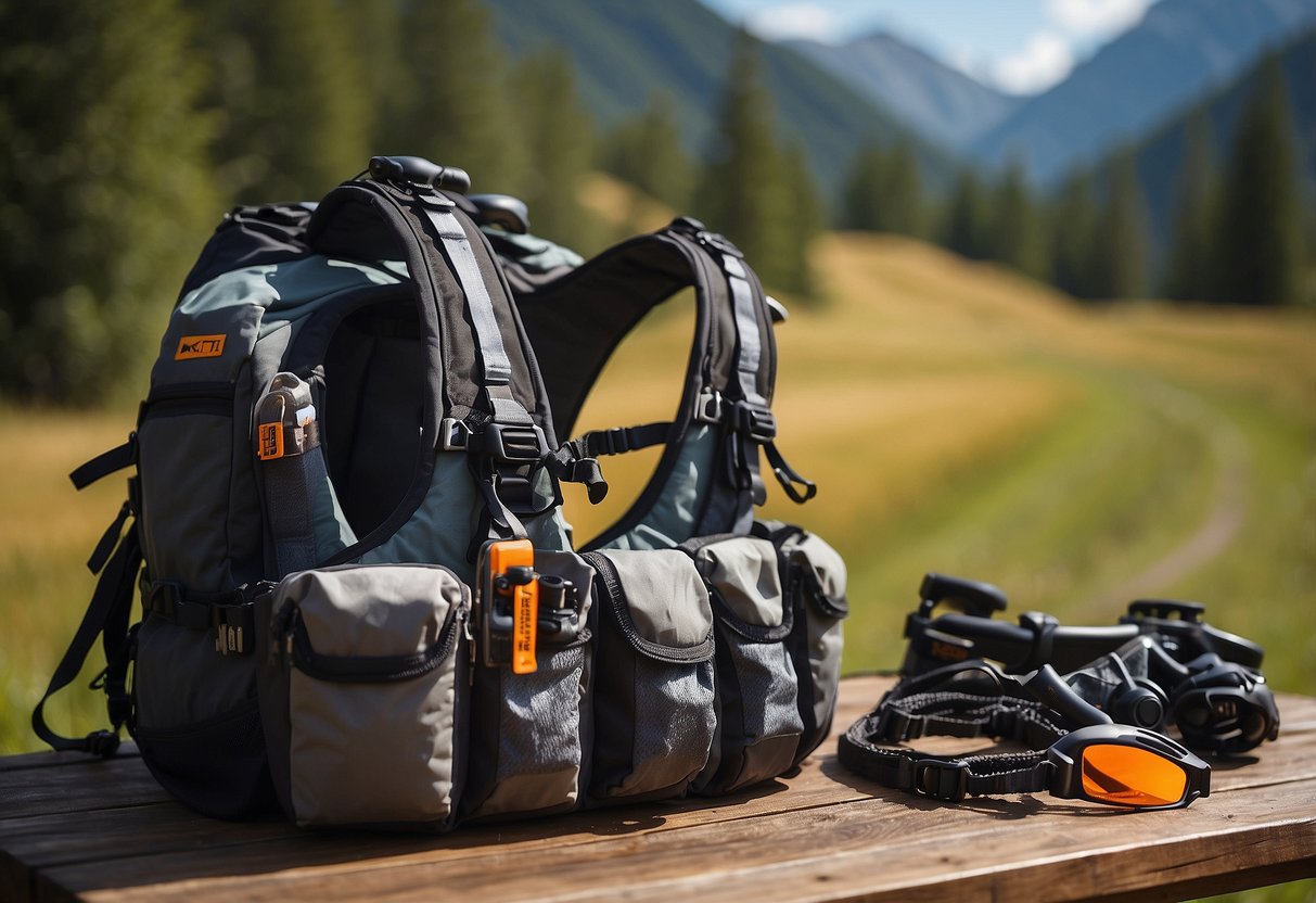 A mountain biking vest laid out on a wooden table with pockets and reflective strips, surrounded by biking accessories and a scenic mountain backdrop