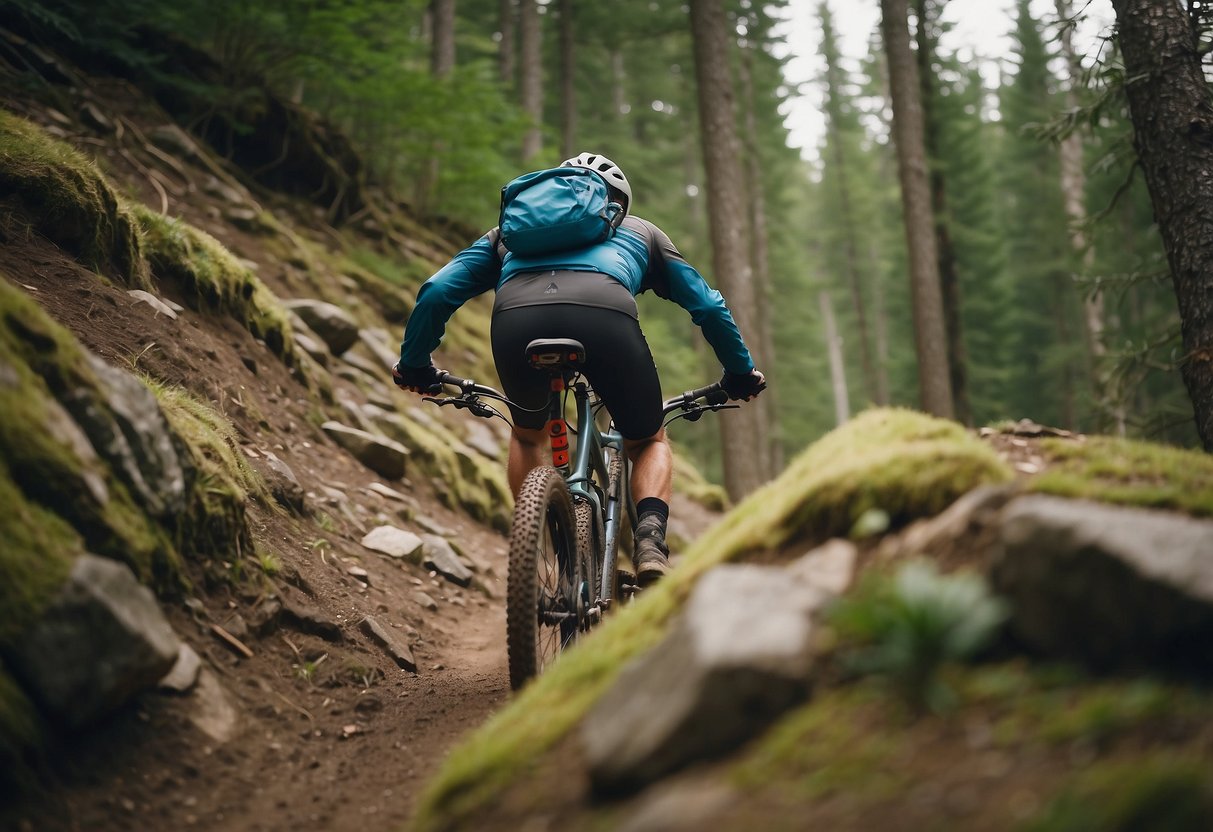 Mountain biker approaching a steep downhill trail, leaning too far back, with arms straight, and not bending knees. Rocks and roots litter the trail