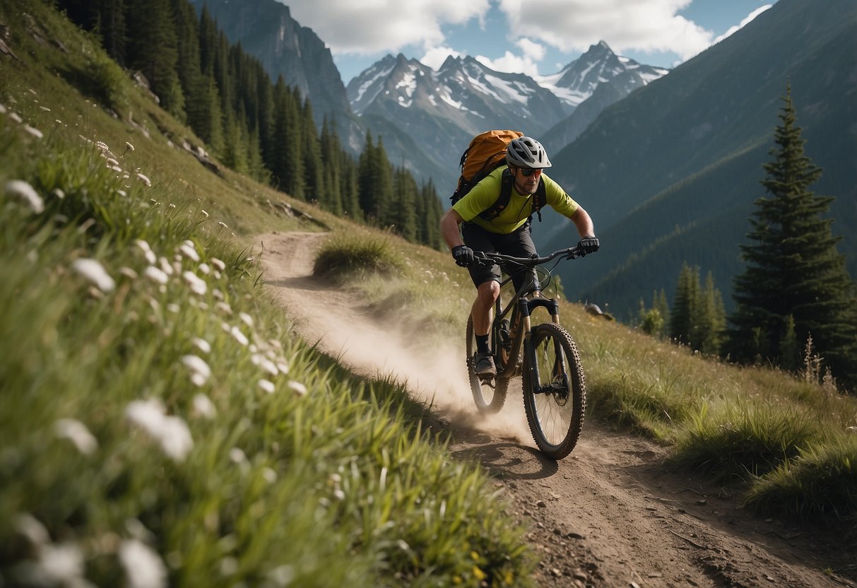 A mountain biker rides through rugged terrain, surrounded by towering peaks and lush forests, with a water bottle left behind on the ground