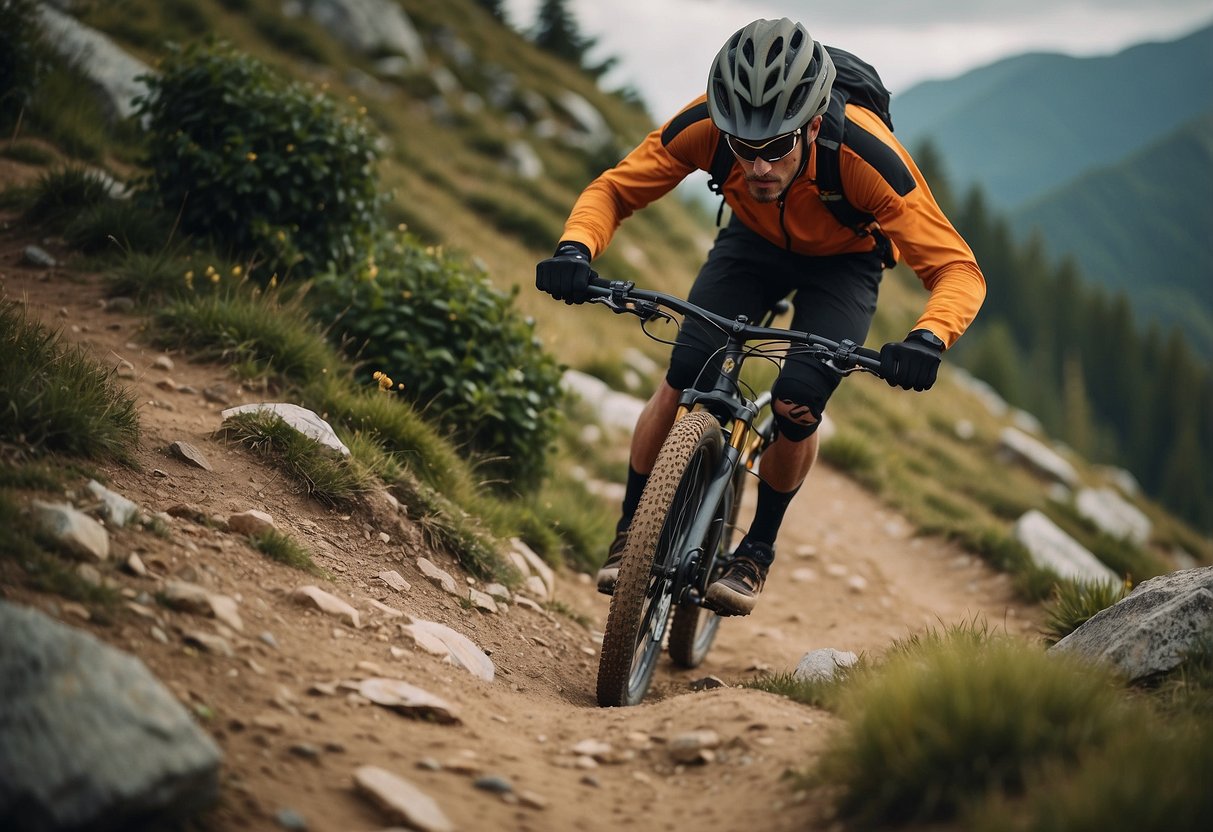 A mountain biker wearing sneakers and no helmet struggles on a steep trail