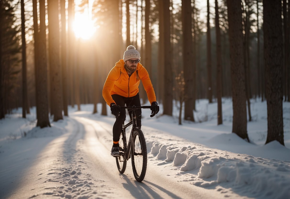 A cyclist wearing layers, gloves, and a beanie pedals through a snowy forest, with breath visible in the cold air. The sun sets behind the trees, casting a warm orange glow