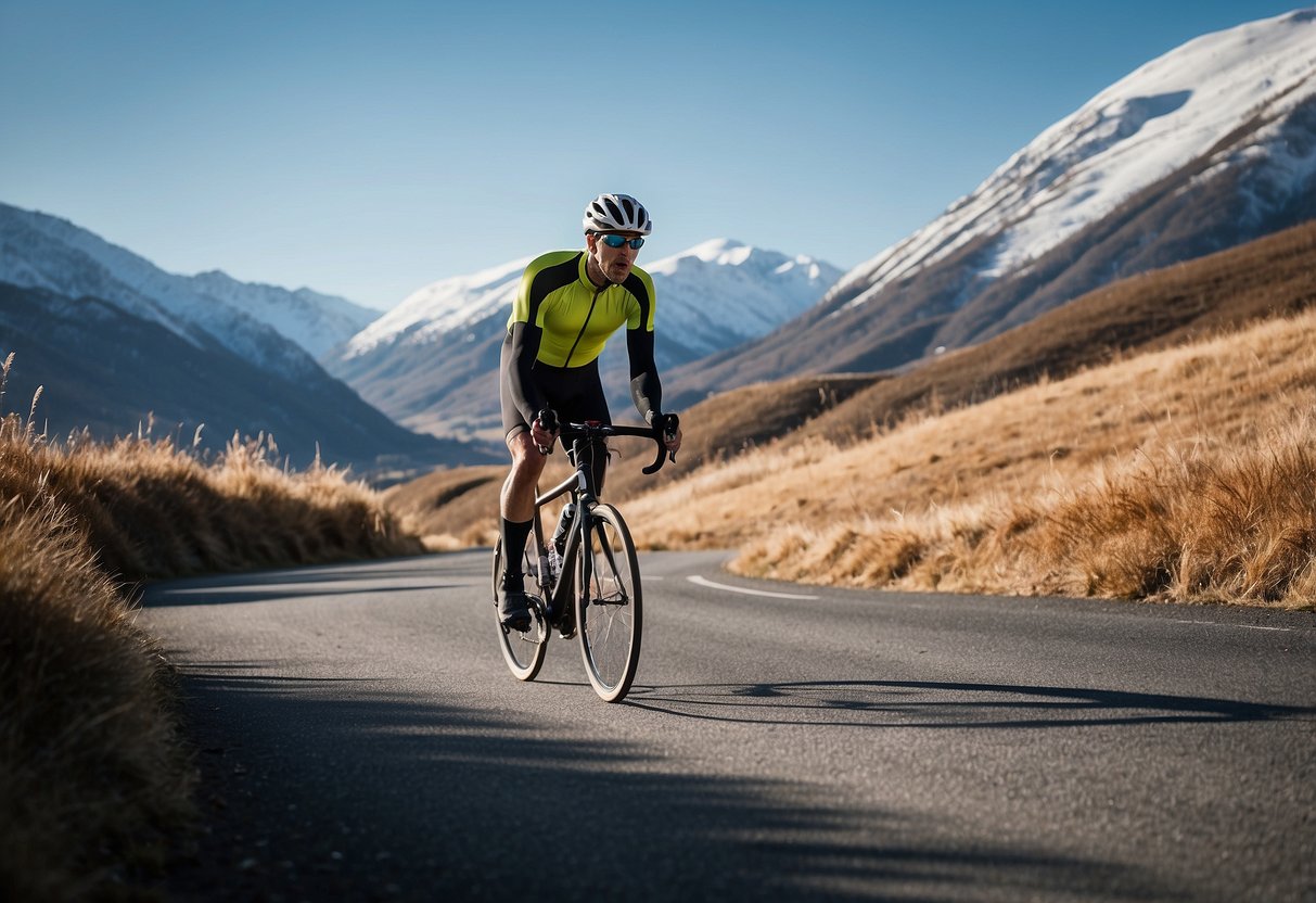 A cyclist wearing a thermal cycling jersey with a backdrop of snowy mountains and a clear blue sky. The cyclist is pedaling through a winding road, surrounded by trees and a hint of frost on the ground