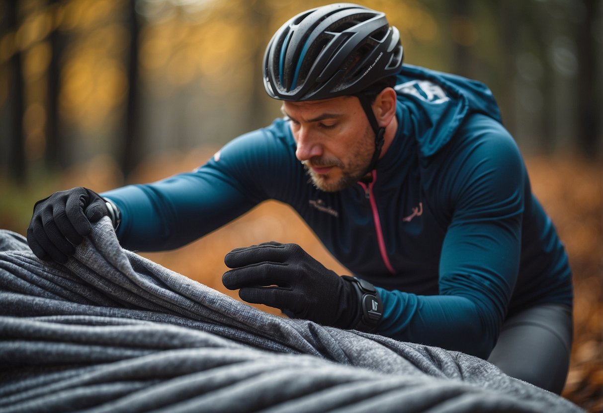 A cyclist carefully selects warm fabrics for their ride, considering insulation and moisture-wicking properties