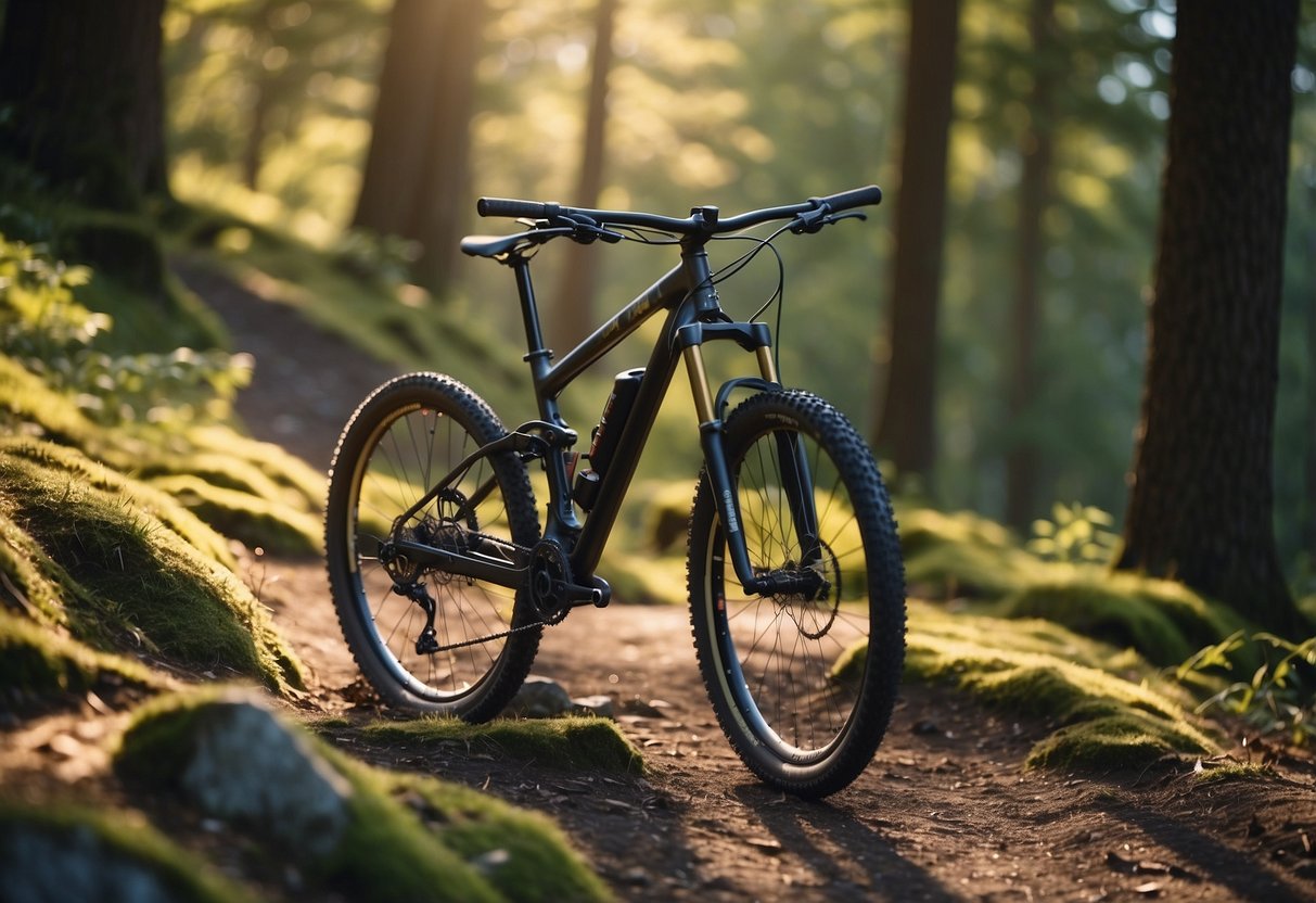 A mountain bike parked on a scenic trail, with a solar charger attached to the handlebars, absorbing sunlight to power electronic devices