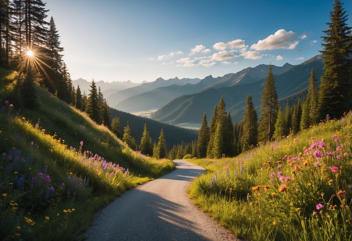 A winding road cuts through a lush forest, with mountains in the distance and a clear blue sky above. The path is surrounded by vibrant greenery and colorful wildflowers, creating a serene and picturesque biking route