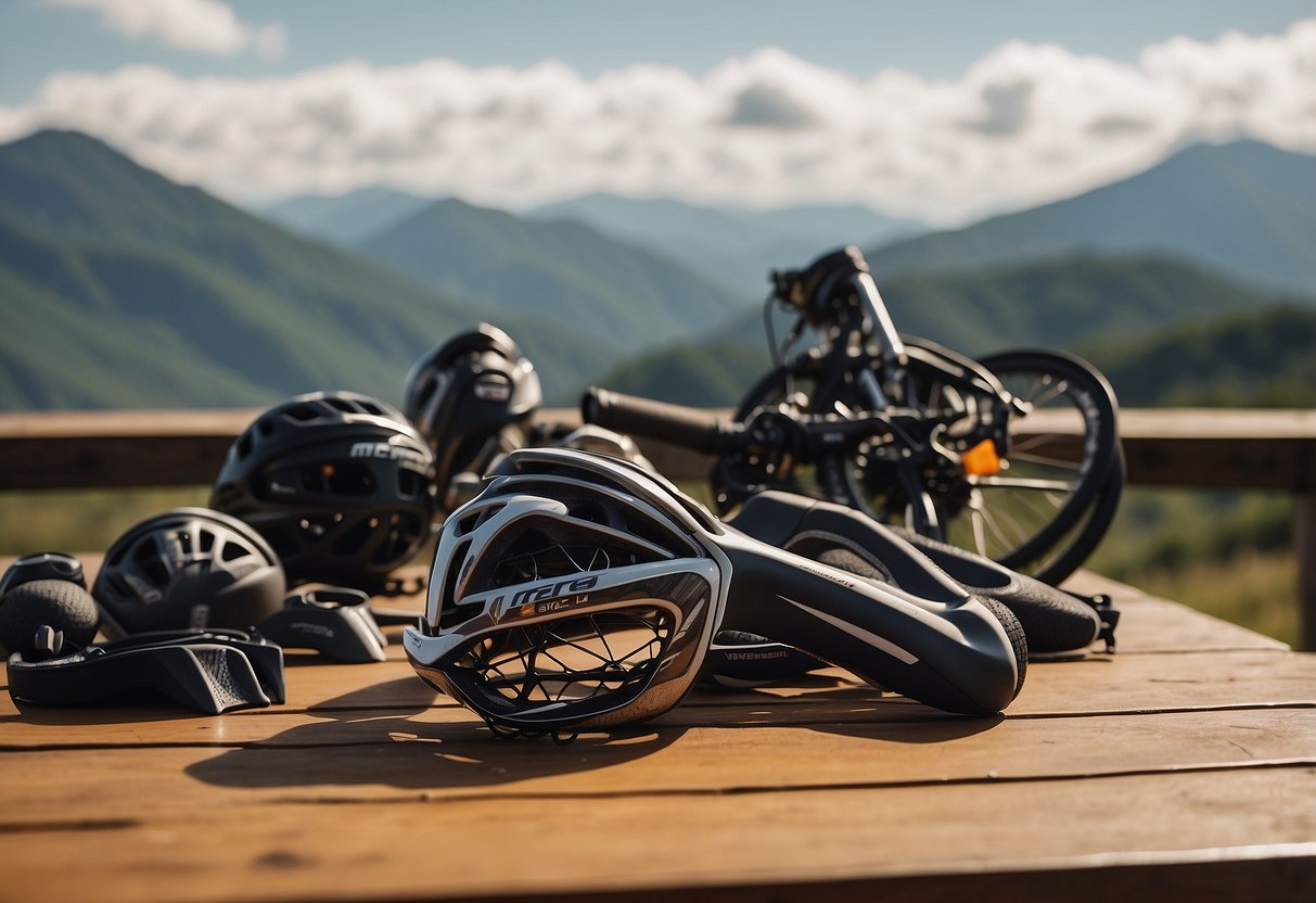 A cyclist's gear laid out on a wooden table with a scenic backdrop of mountains and winding roads in the distance