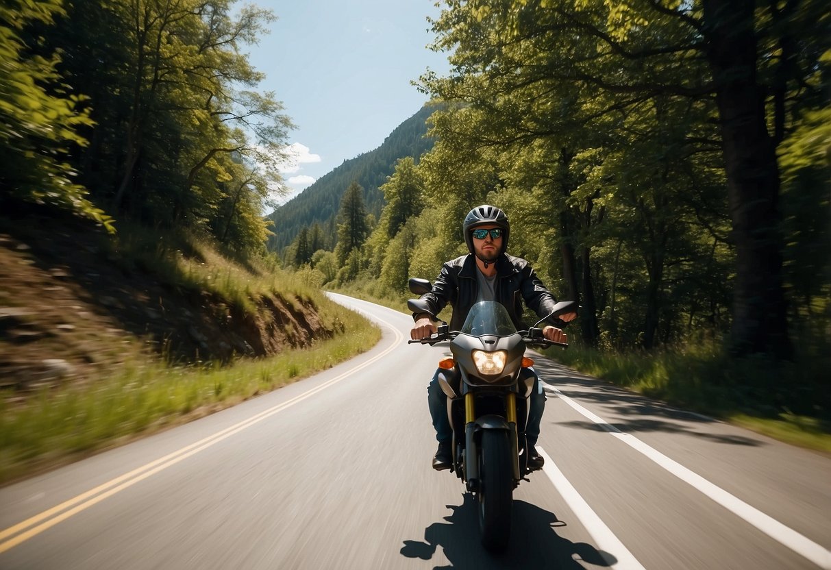 A winding mountain road with lush green trees and a clear blue sky, a biker wearing a helmet and following the safety tips for bikers