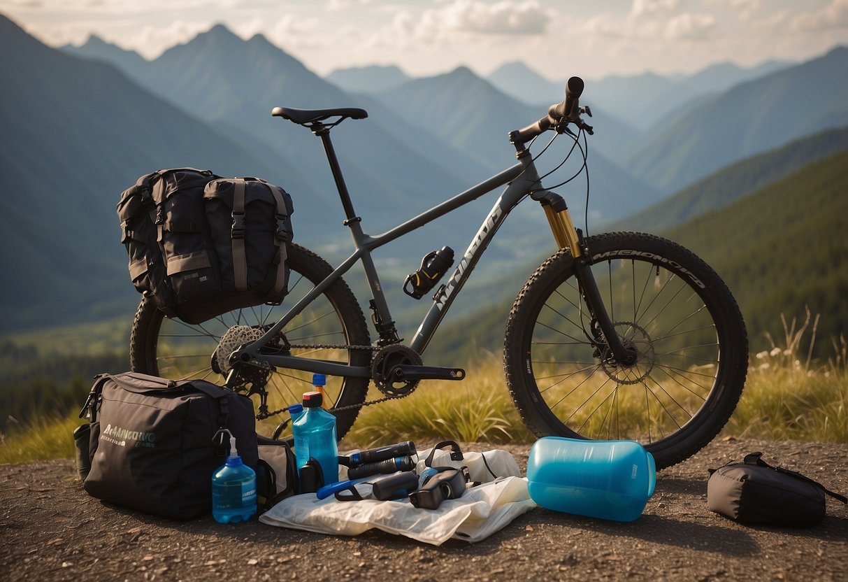 A bicycle loaded with gear, maps, and water bottles sits in front of a scenic mountain backdrop. A checklist of essentials, including a first aid kit and repair tools, is spread out nearby