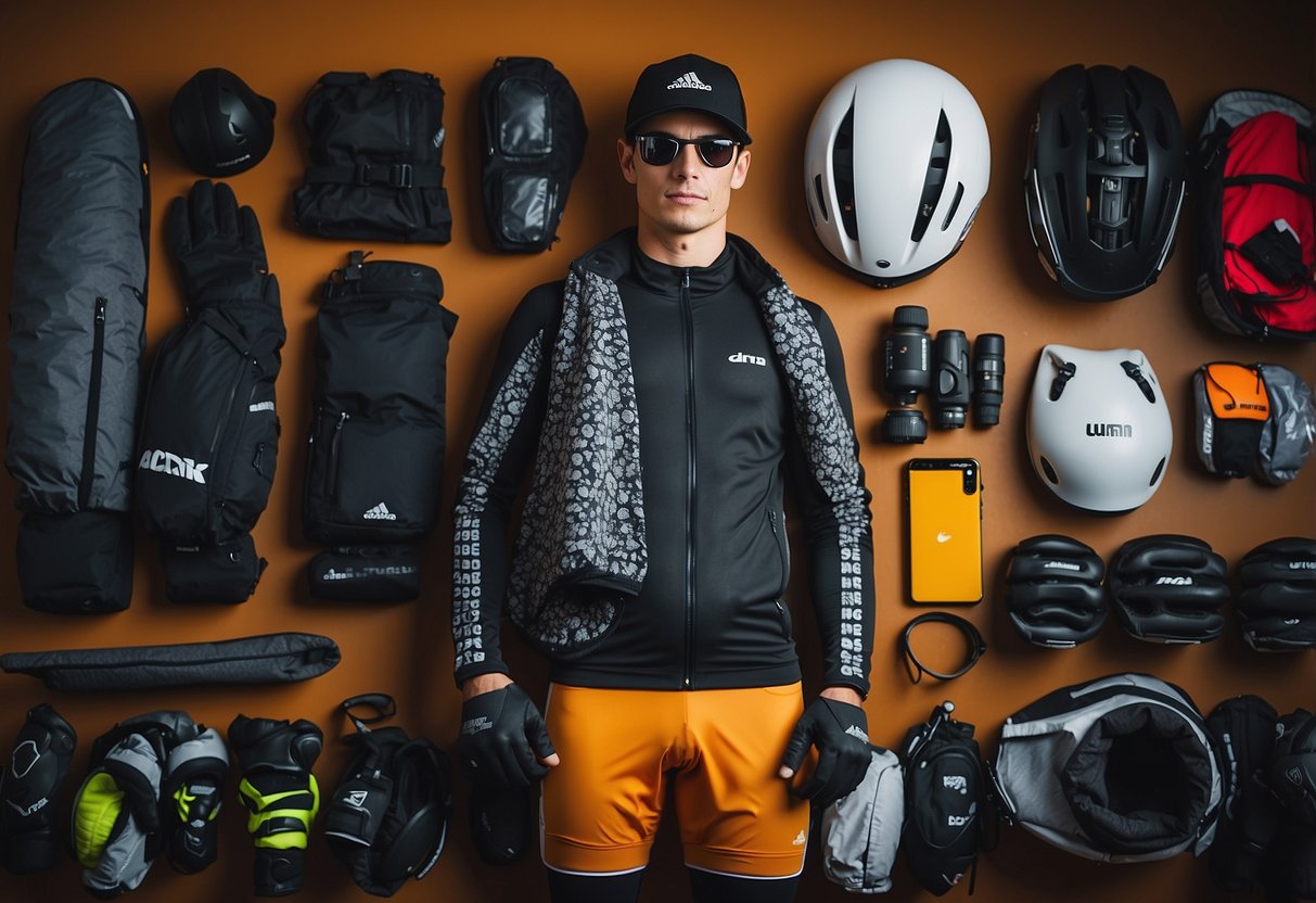 A bike rider stands next to a neatly organized array of gear and clothing, including a helmet, gloves, padded shorts, water bottles, and a map