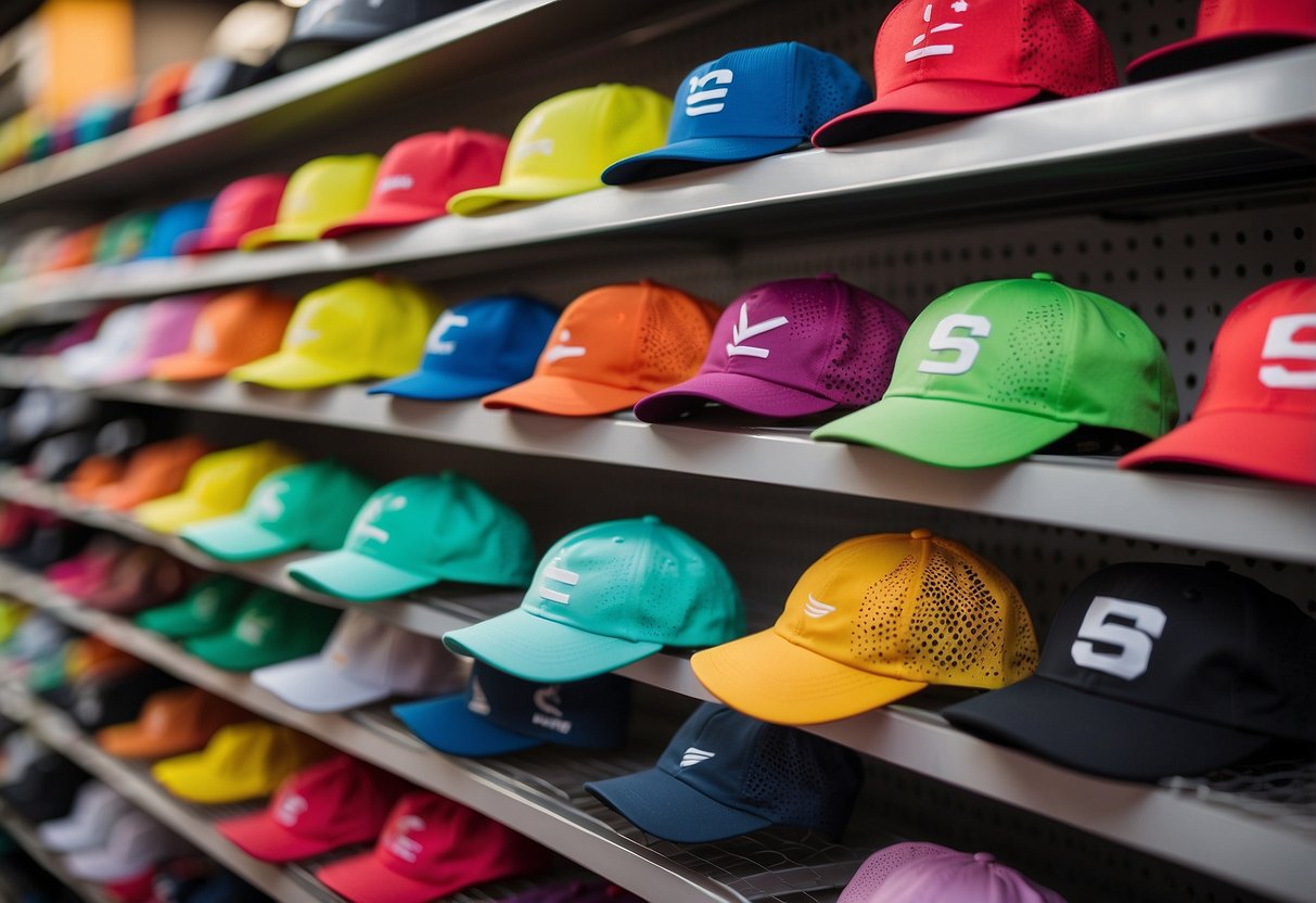 A group of five lightweight biking hats displayed on a store shelf, with vibrant colors and breathable materials