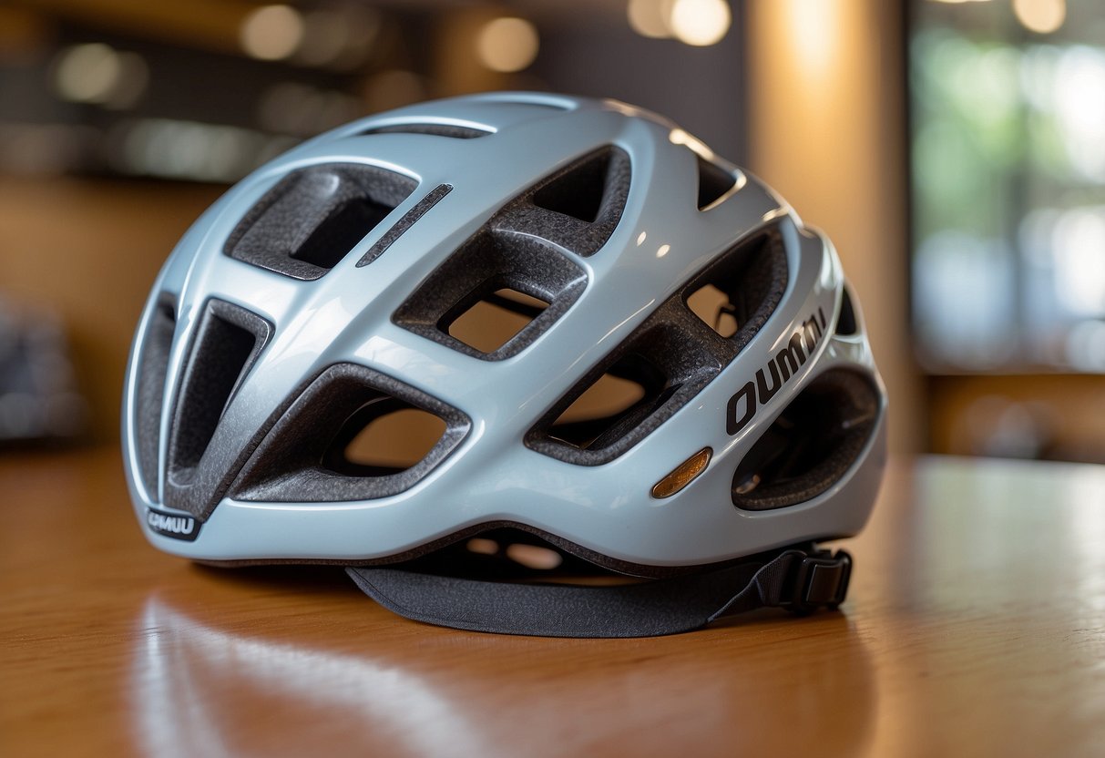 A cyclist's helmet sits on a wooden table, with the Pearl Izumi Transfer Lite Hat 5 displayed prominently. The hat is lightweight and sleek, with a breathable design perfect for biking