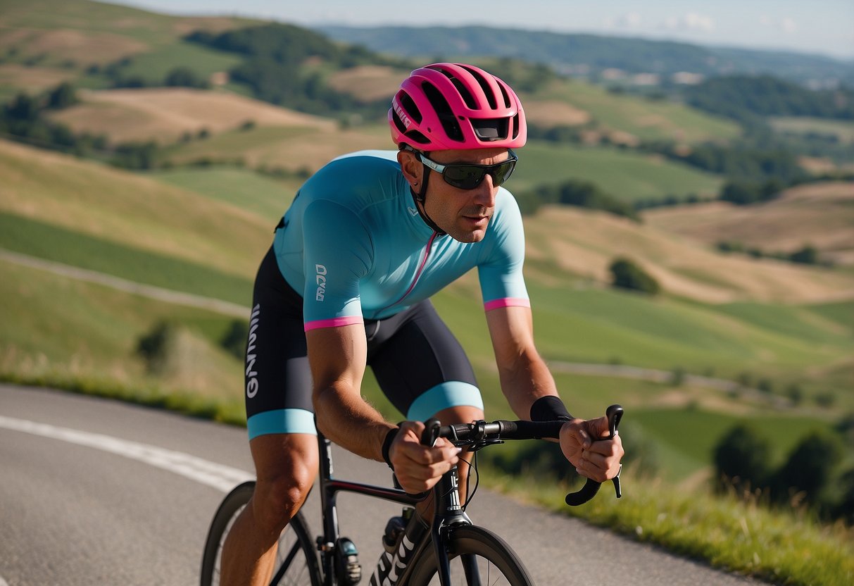 A vibrant cyclist wearing a Rapha Lightweight Cap, riding through a scenic, sunlit countryside with a clear blue sky and rolling hills in the background