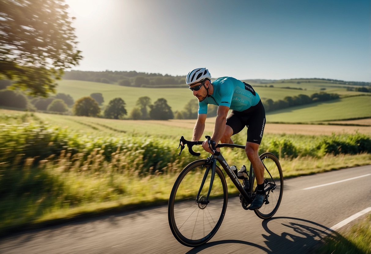 A cyclist wearing the Endura Pro SL Lite Cap, riding through a sunny, open countryside with a gentle breeze, showcasing the lightweight and breathable design of the hat