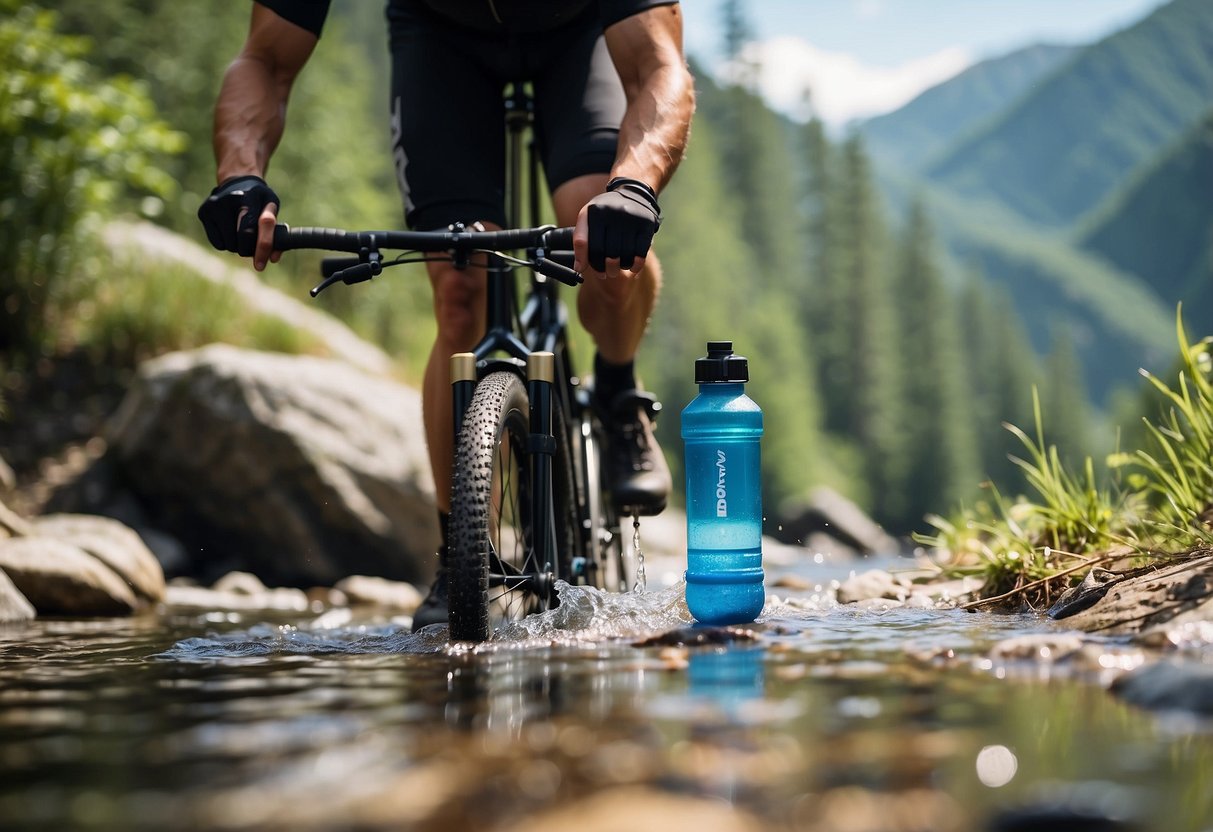 Water bottles being filled from a mountain stream, then passed through a portable water filter. A cyclist in the background rides through a scenic mountain trail