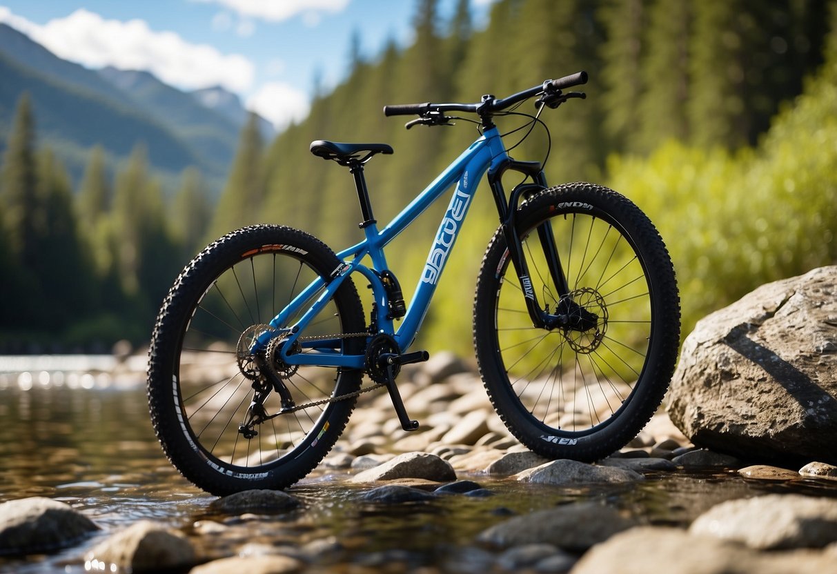 Mountain bike parked by a clear stream. LifeStraw filter attached to water bottle. Surrounding trees and rocks. Blue sky and sunlight