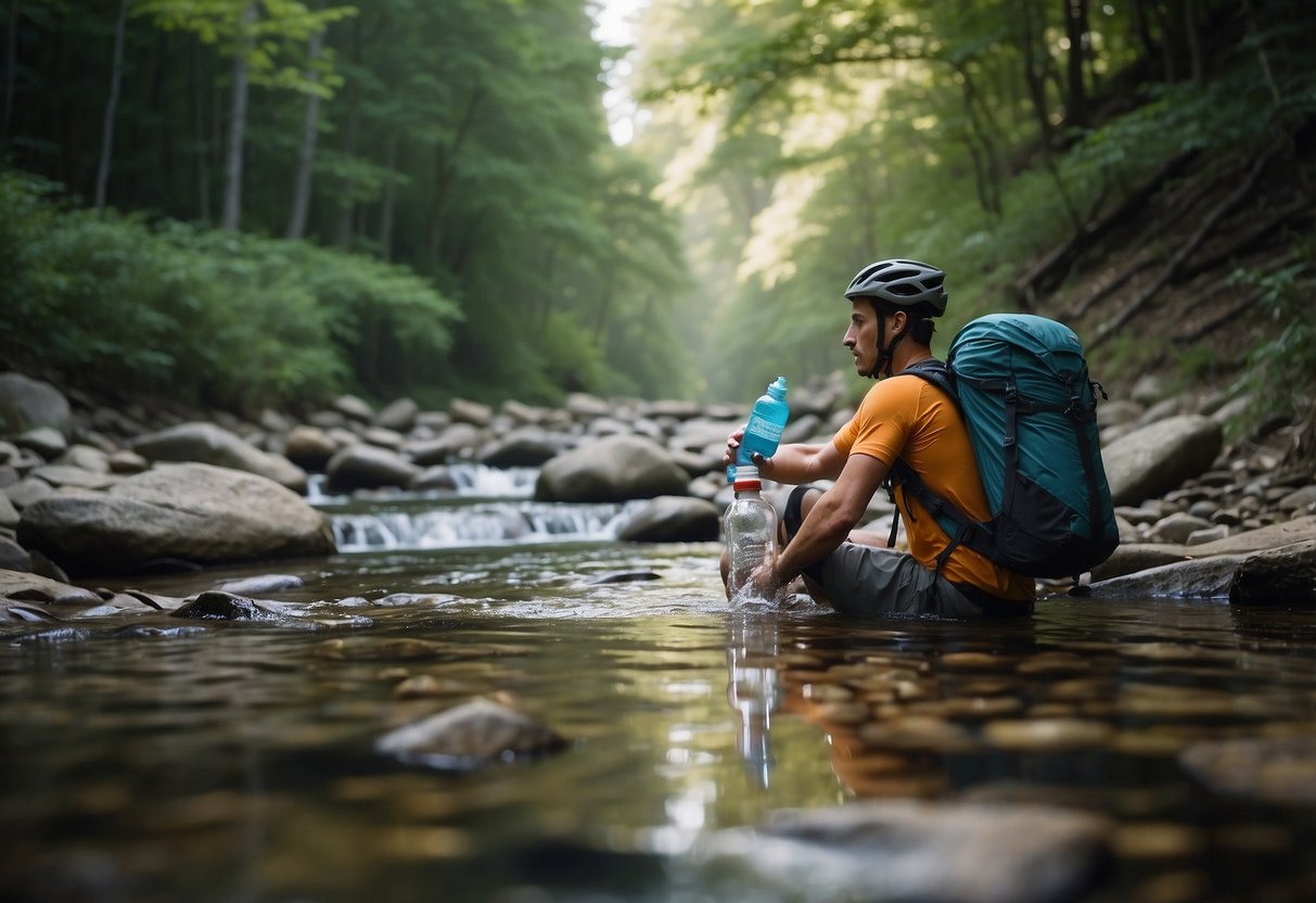 A mountain biker fills a water bottle from a stream, while a Survivor Filter Pro hangs from their backpack, ready to purify the water