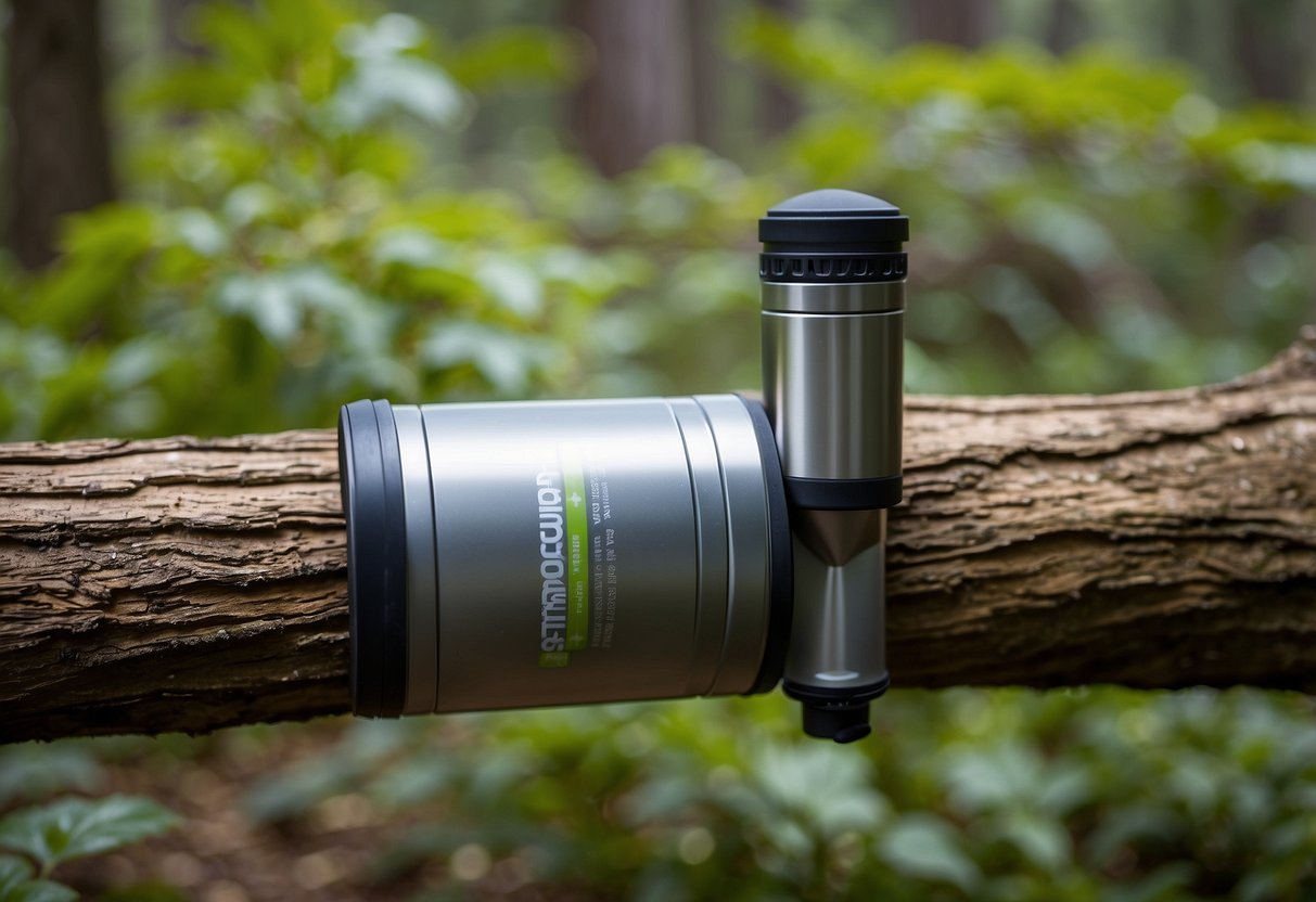 The Platypus GravityWorks Water Filter System hangs from a tree, purifying water for mountain bikers