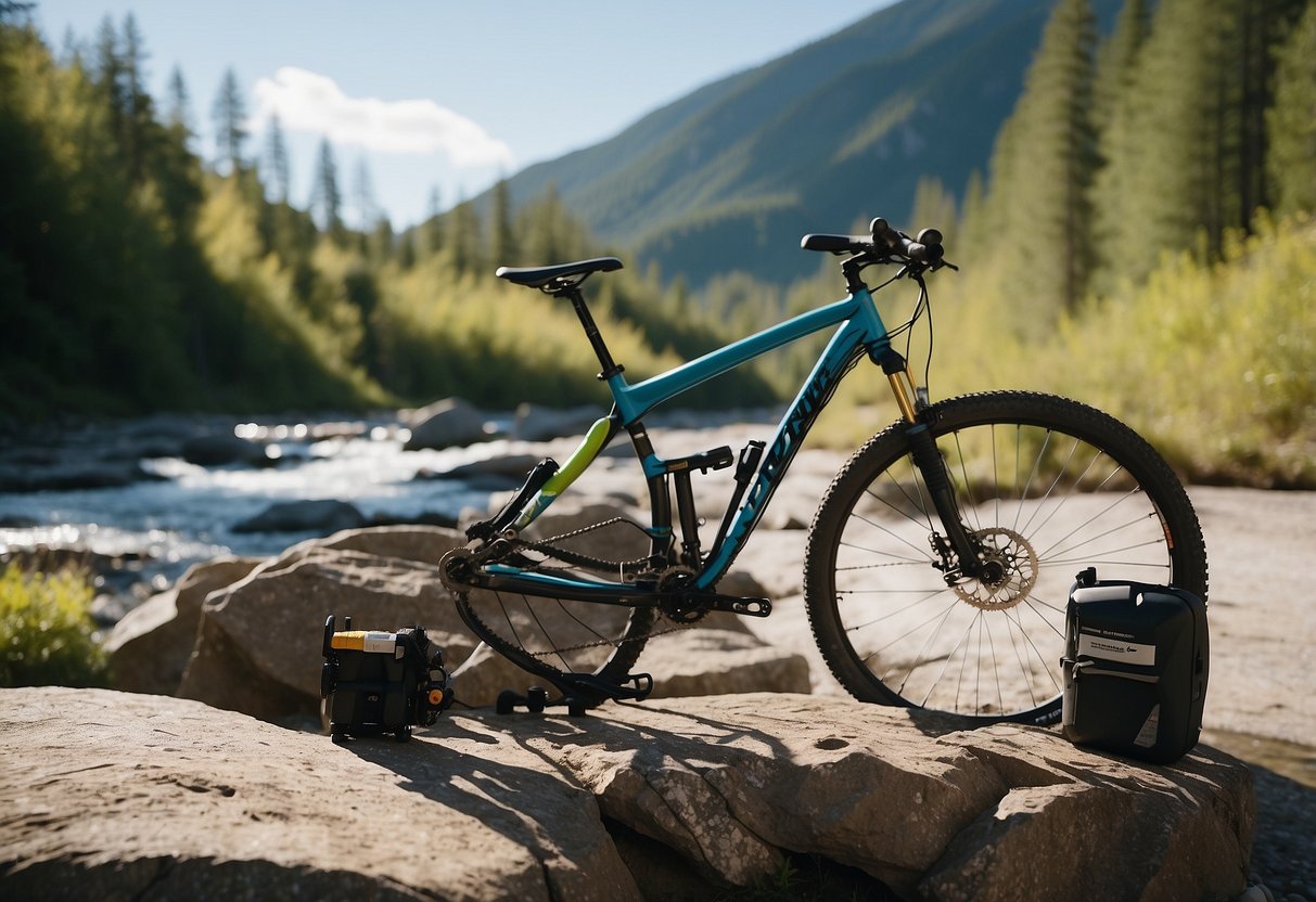 A mountain bike parked next to a flowing stream, with a water purification pump and tablets laid out on a flat rock nearby. Surrounding scenery includes trees, mountains, and a clear blue sky