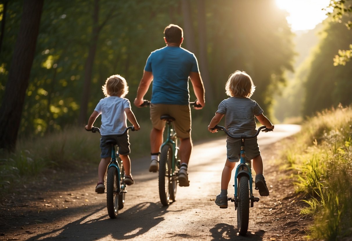 A parent and two children ride bikes on a scenic trail. The parent leads, while the kids follow closely behind. The sun shines, and the trees create a beautiful backdrop for the family adventure