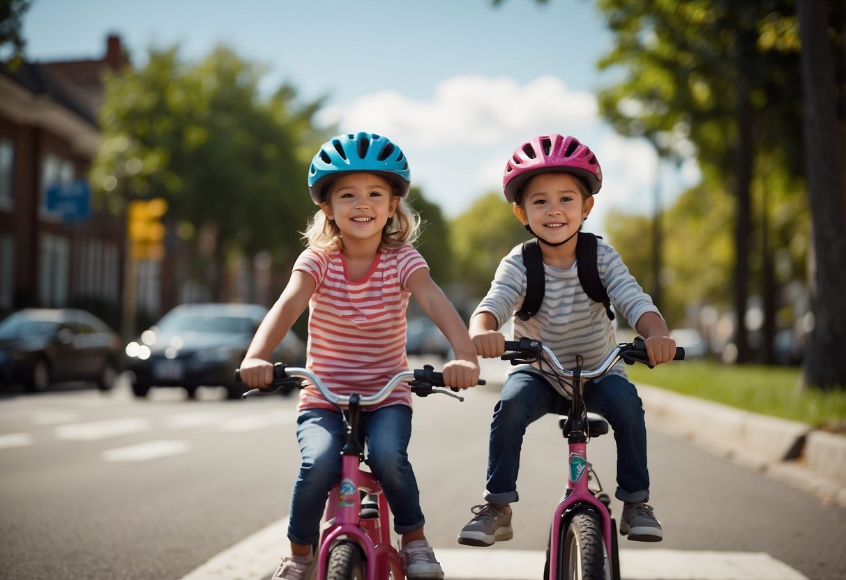 A parent and child ride bikes with helmets, following traffic rules. They stop at intersections, use hand signals, and stay visible with bright clothing