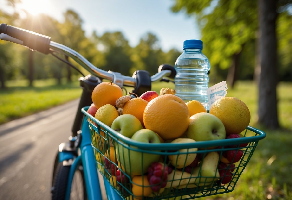 A bike basket filled with fruits, granola bars, and water bottles. A child's helmet and a map tucked into the basket. Blue skies and green trees in the background