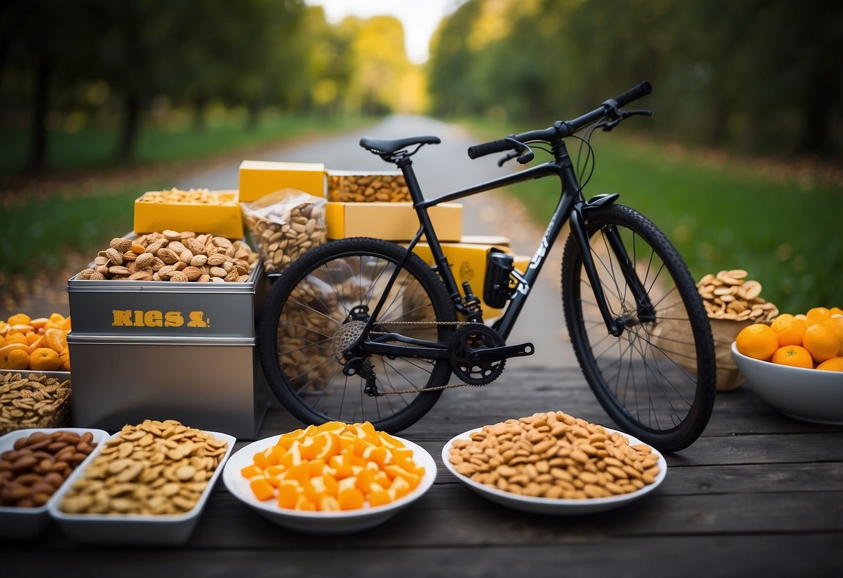 A bike loaded with a variety of lightweight food options, including energy bars, trail mix, dried fruits, and nuts, neatly packed in accessible compartments