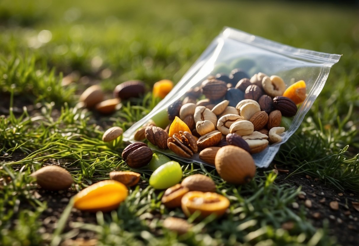 A colorful assortment of nuts, seeds, and dried fruits spills out of a resealable bag onto a patch of grass, with a backdrop of a scenic biking trail