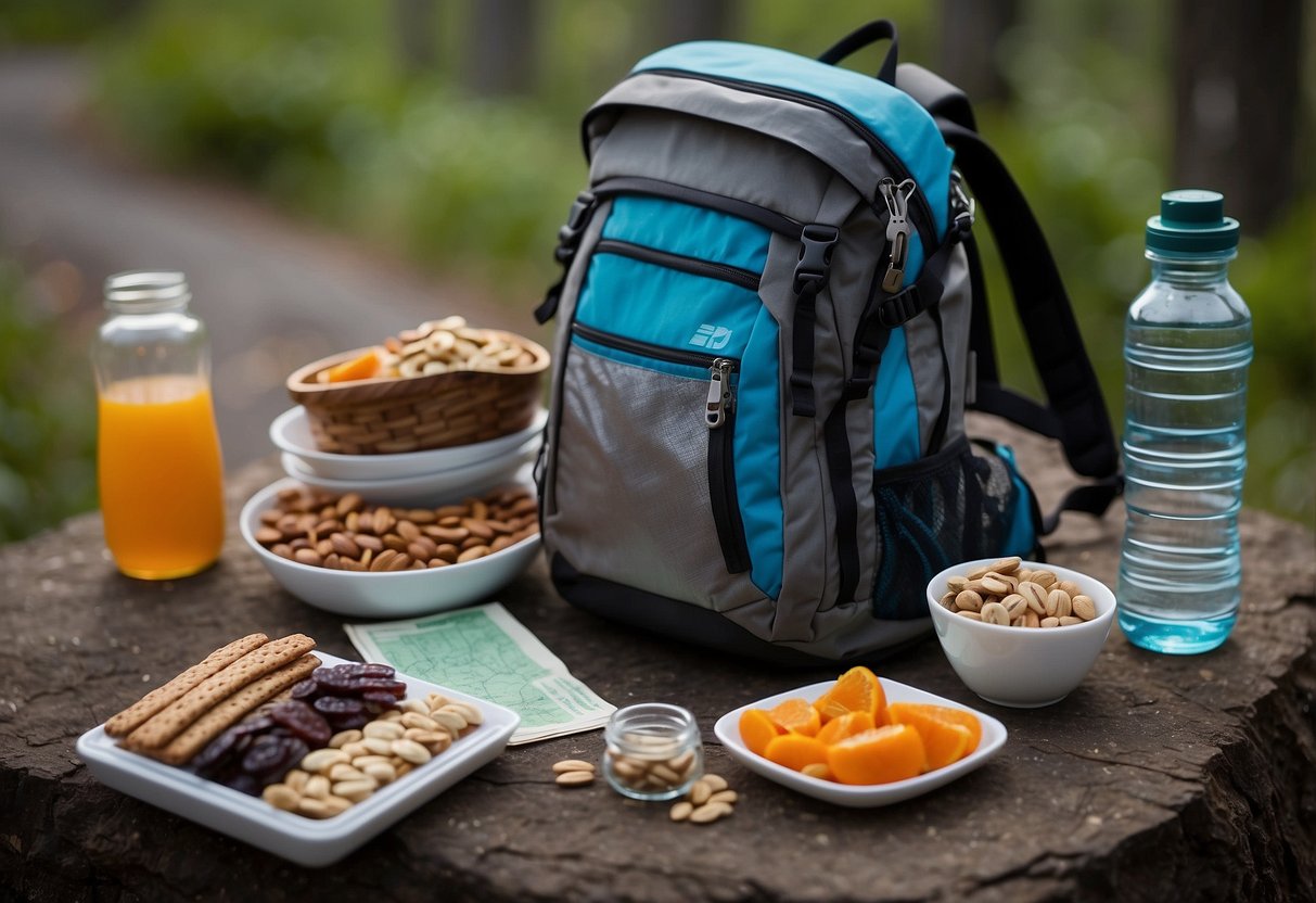 A cyclist's backpack open, revealing lightweight food options: energy bars, trail mix, dried fruits, nuts, and jerky. A water bottle and map nearby