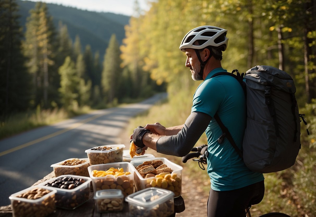 A cyclist unpacks a backpack filled with lightweight food options such as energy bars, trail mix, dried fruit, and jerky. The sun shines down on the picturesque biking trail, showcasing the convenience and portability of these snacks