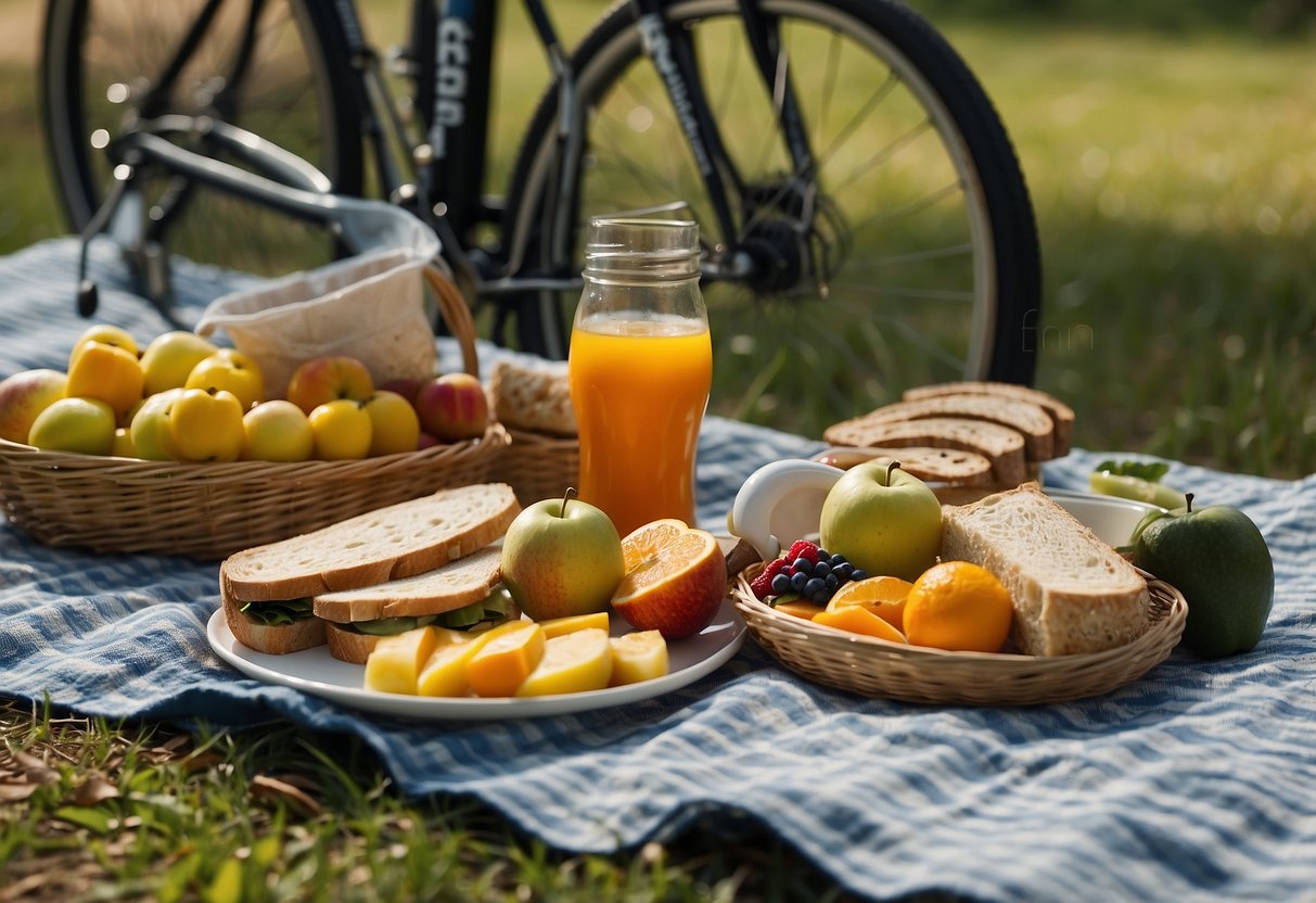 A bicycle parked next to a picnic blanket with a variety of lightweight foods such as fruits, nuts, sandwiches, and energy bars laid out for a biking trip