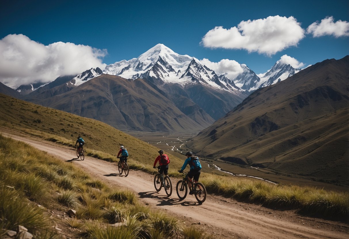 Mountain bikers navigate through lush Andean landscapes, crossing rivers and ascending steep trails. The route offers breathtaking views of snow-capped peaks and dense forests