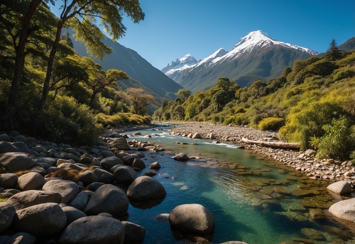 Lush green forests with winding trails, towering mountains, and clear rivers in Pumalín Park, Chile. Ideal for illustrating a mountain biking scene