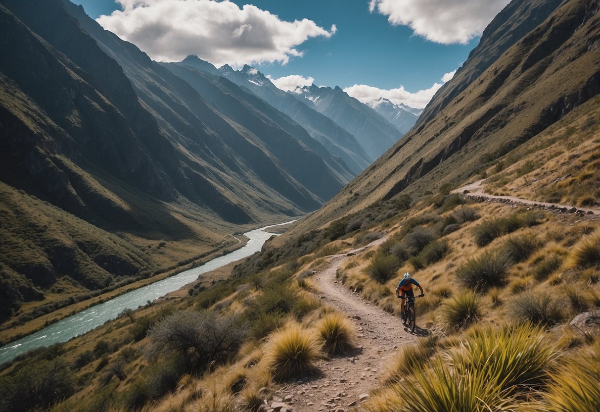 A rugged mountain trail winds through Valle de los Cóndores, Peru. Towering peaks, lush greenery, and a winding river create a stunning backdrop for adventurous mountain bikers