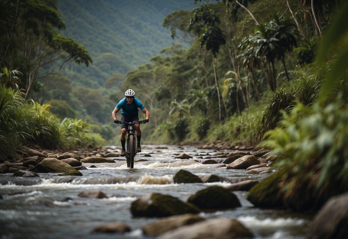 A mountain biker rides through lush rainforest, crossing rivers and rocky terrain, with towering Andean peaks in the background