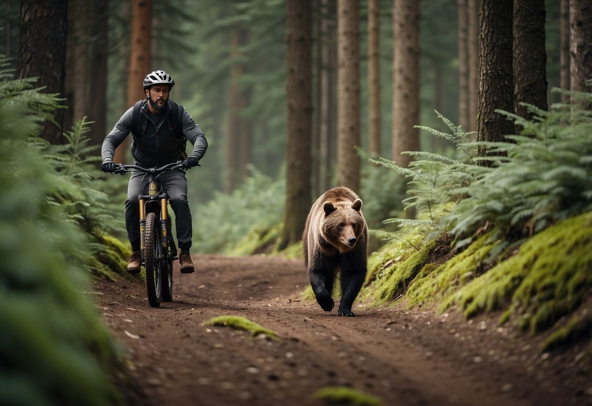 Biker navigating forest trail, encounters deer, bear, and bird. Maintains distance, avoids sudden movements, and uses loud noise to deter