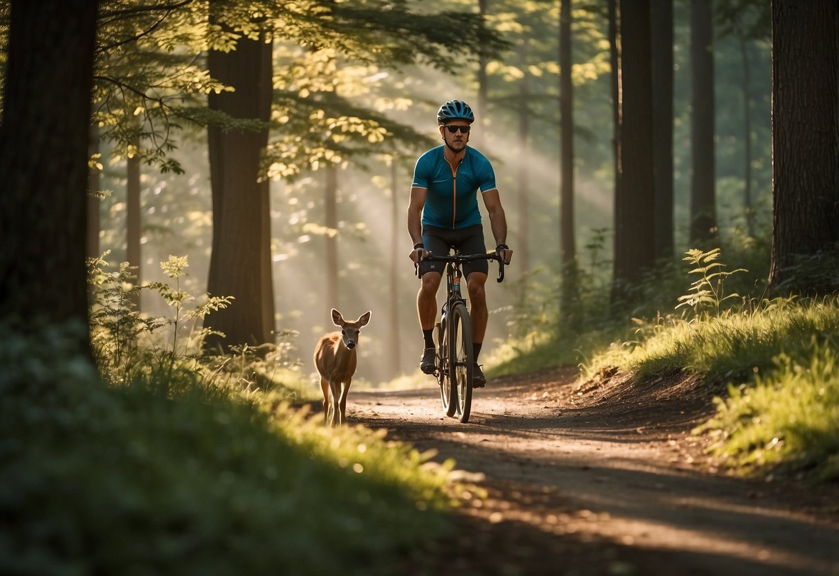 A cyclist rides along a wooded trail, keeping a safe distance from a grazing deer. The sun casts dappled light through the trees, creating a peaceful and serene atmosphere