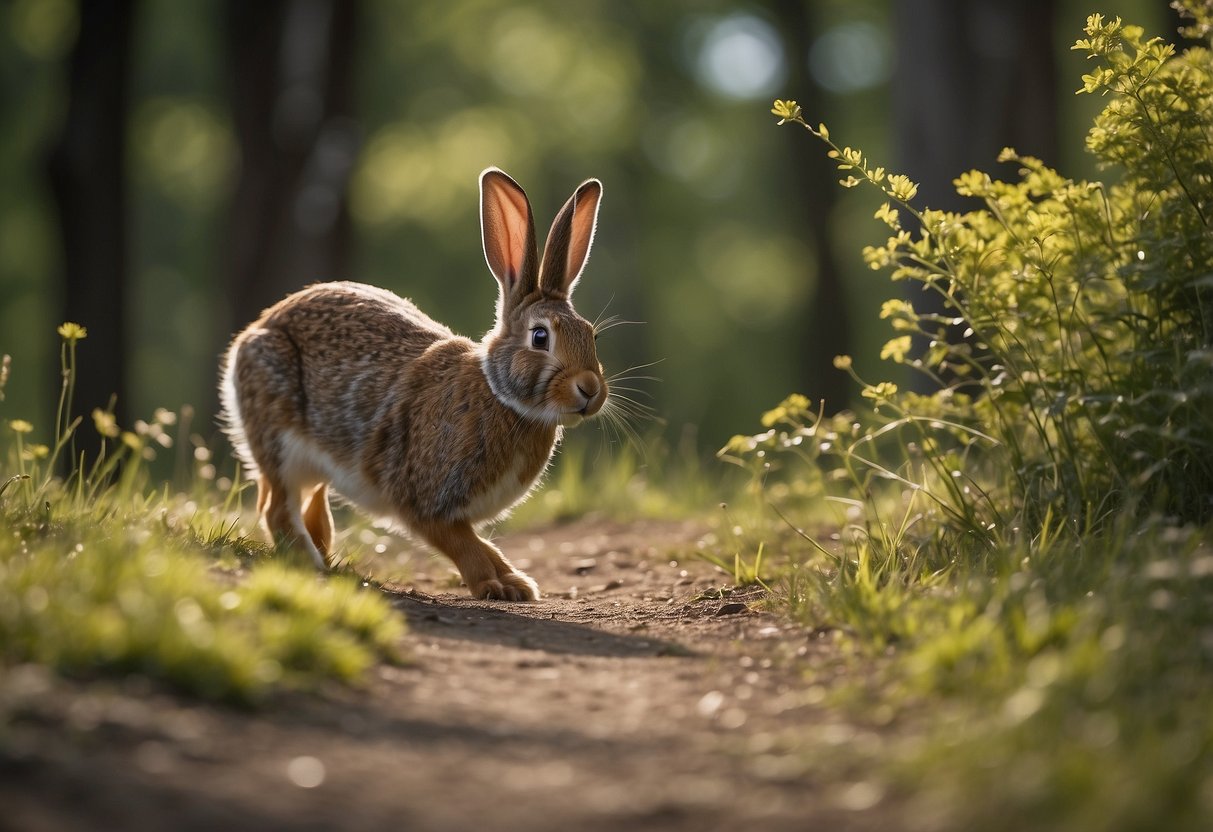 Wildlife biking scene: Rabbit hops across trail, deer grazes in meadow, bird swoops from tree. Use caution and respect animals' space