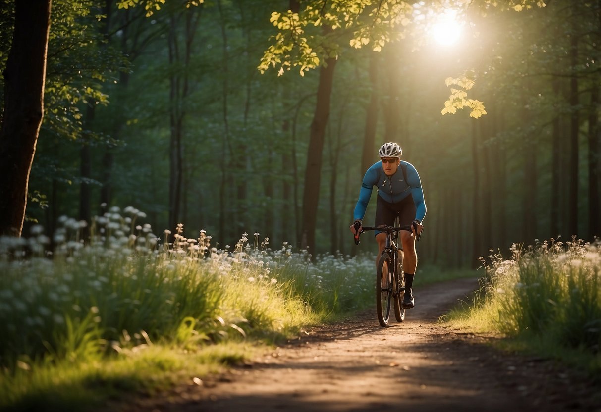 A cyclist rides through a forest trail, carrying a whistle. Birds fly overhead, while a deer and a rabbit peek out from the bushes. The sun shines through the trees, casting dappled light on the path