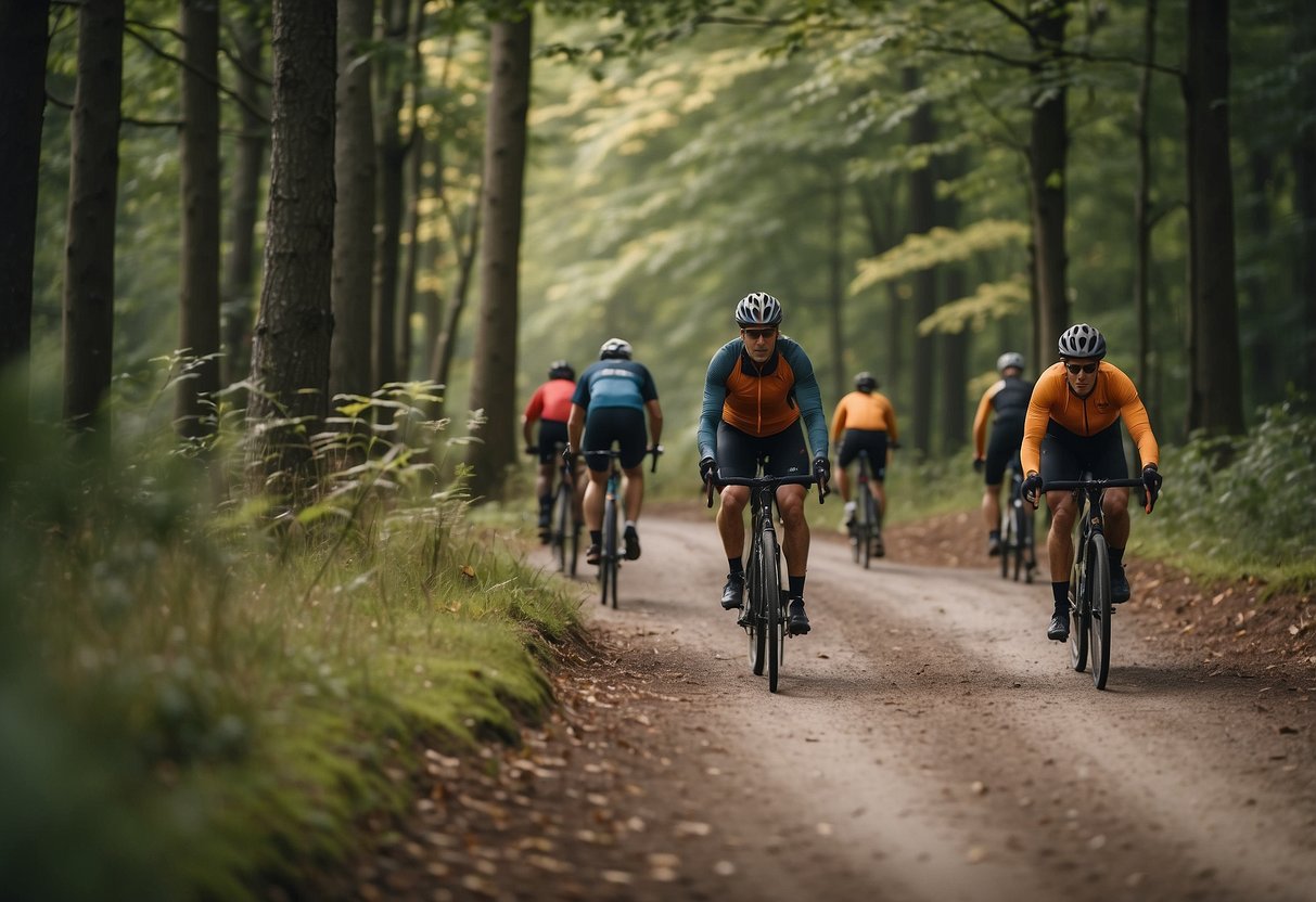 A group of cyclists navigate a wooded trail, passing by a deer grazing in the distance. They maintain a safe distance and proceed cautiously