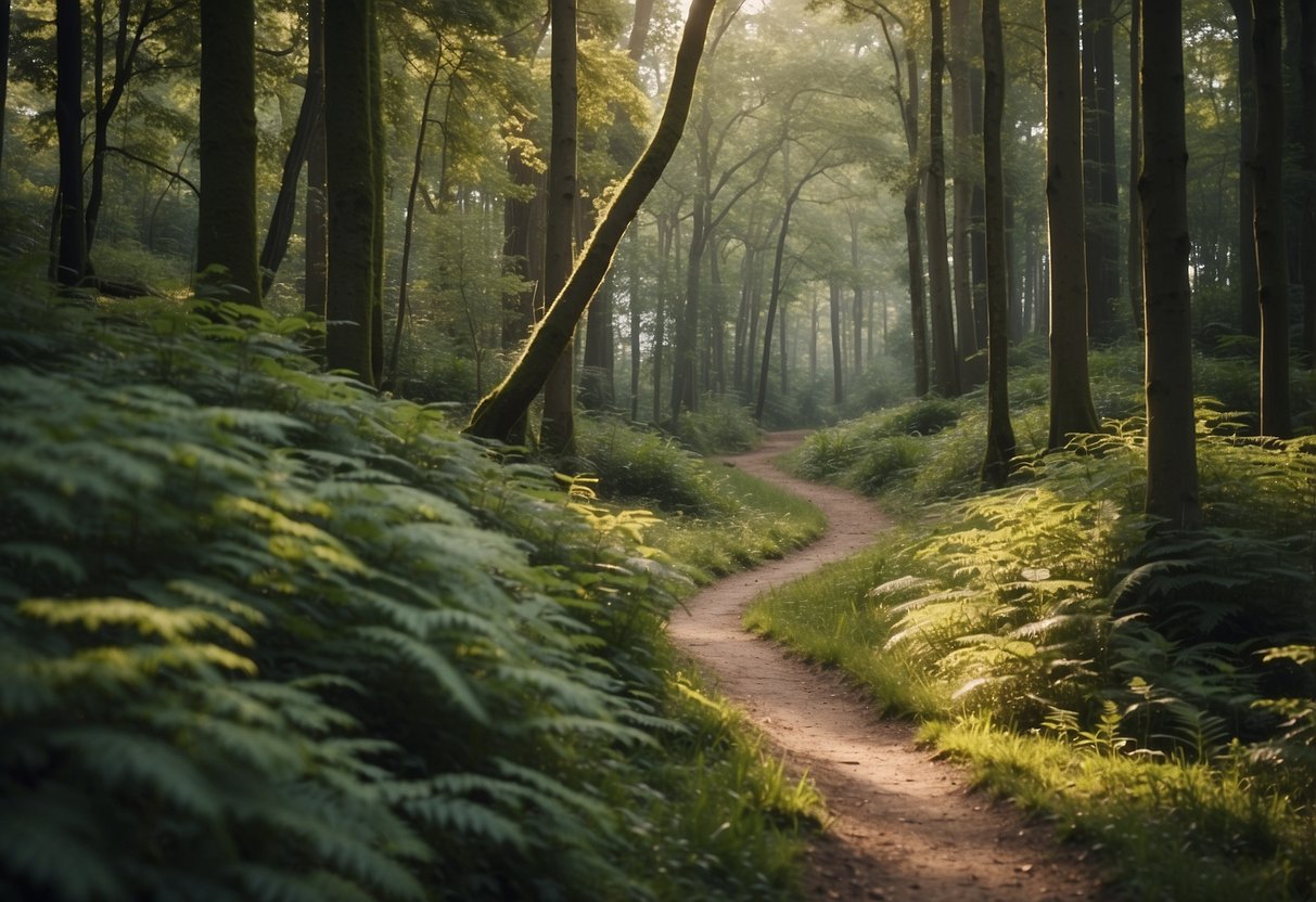 A winding trail through a dense forest, with a clearly marked path. A variety of wildlife, such as deer and birds, can be seen among the trees