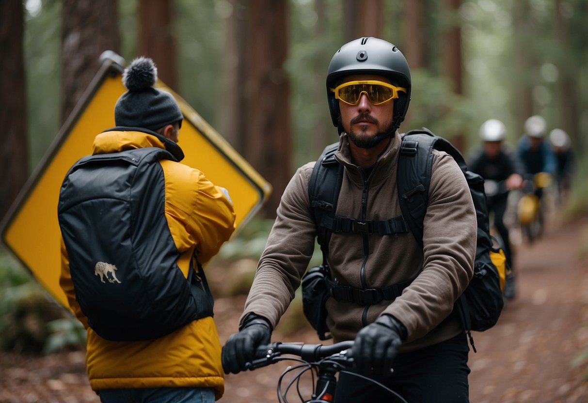 Biker navigating through forest, wearing helmet and gloves, carrying bear spray. Signs warning of wildlife. Caution tape around trail. Wildlife crossing signs