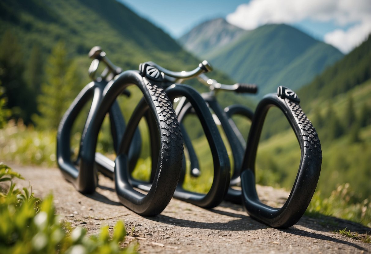 A group of lightweight biking stirrups arranged in a neat row, with a scenic background of a winding mountain trail and lush greenery