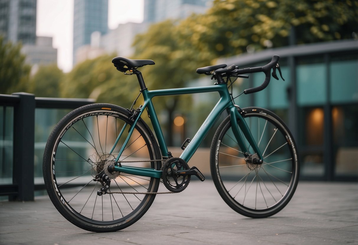 A sleek, modern bicycle with lightweight stirrups attached, resting against a wall with a backdrop of urban scenery