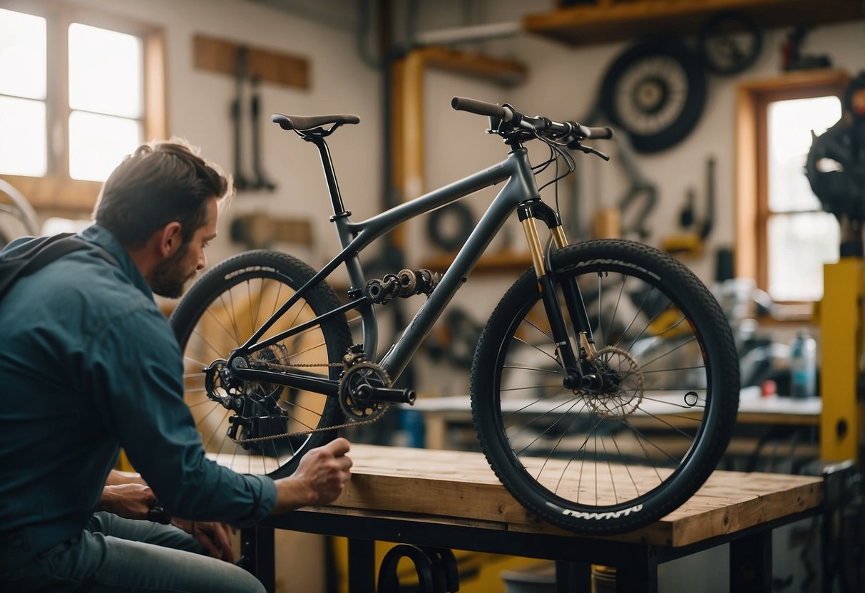 A bike mechanic installs and maintains lightweight stirrups on a sleek bicycle frame in a well-lit workshop. Tools and parts are neatly organized on a workbench nearby