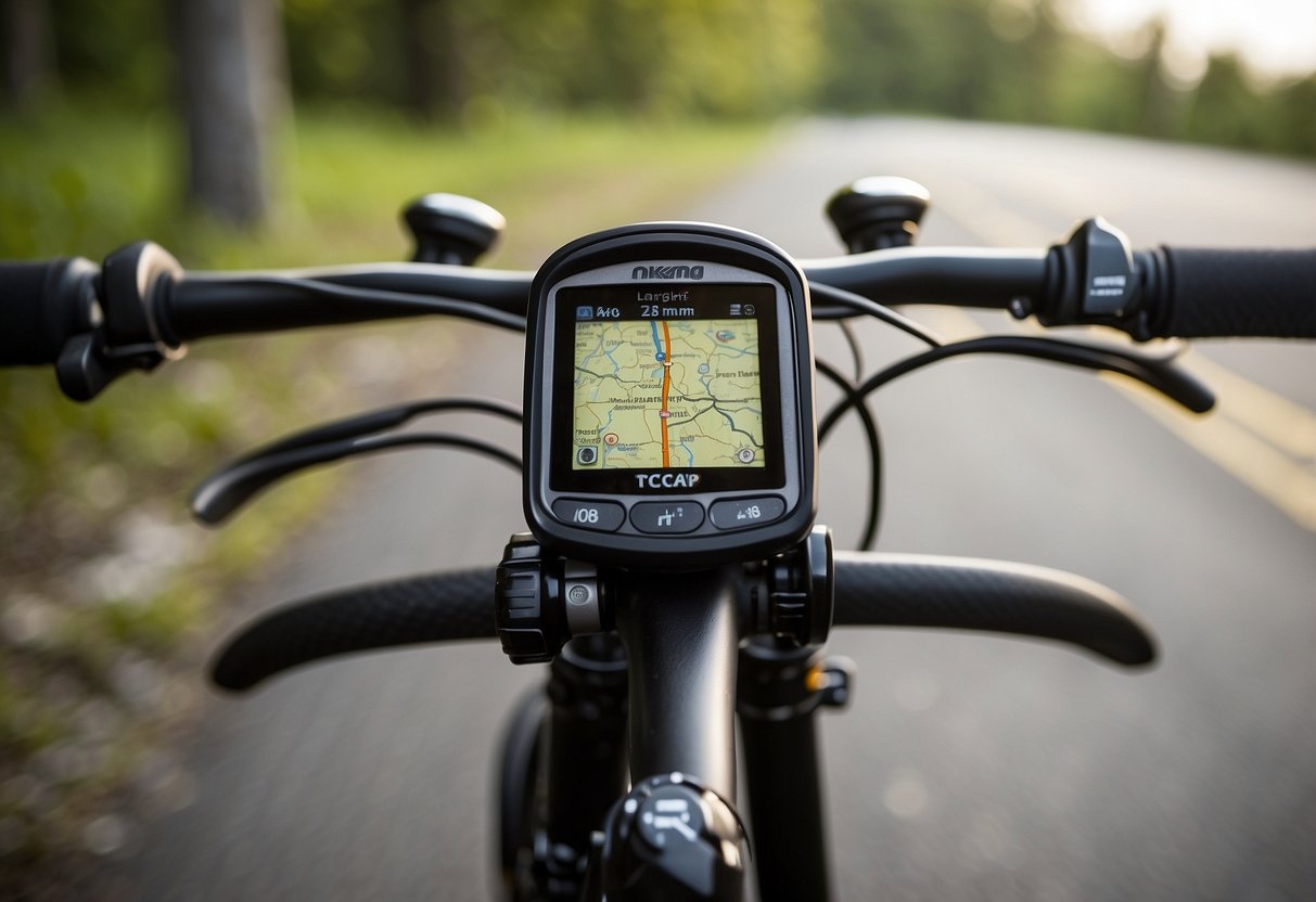 A bike with a handlebar-mounted GPS, compass, and map, surrounded by a bike computer, headlight, bell, water bottle, multitool, and phone mount