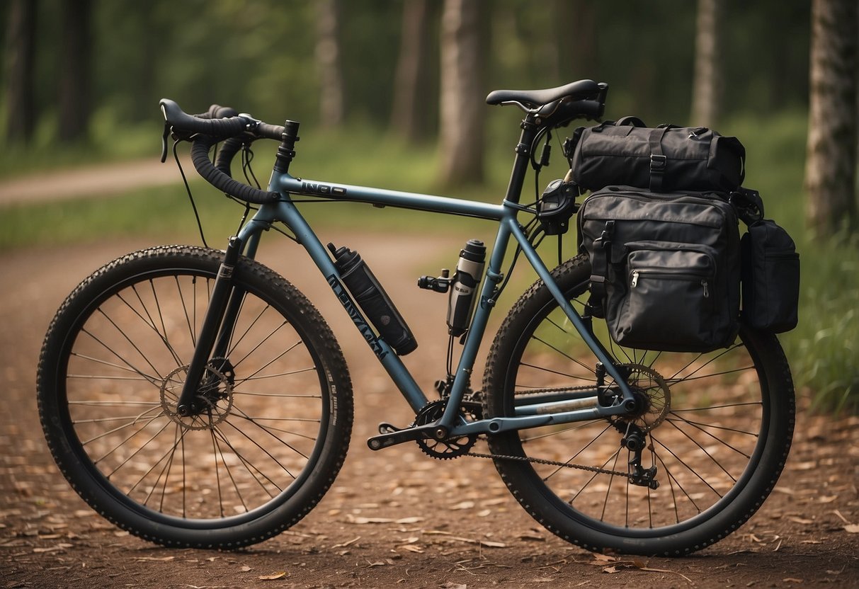 A bike leaning against a wooden outpost corner, with a bag containing essential navigation tools, such as a map, compass, GPS, and bike lights, hanging from the handlebars