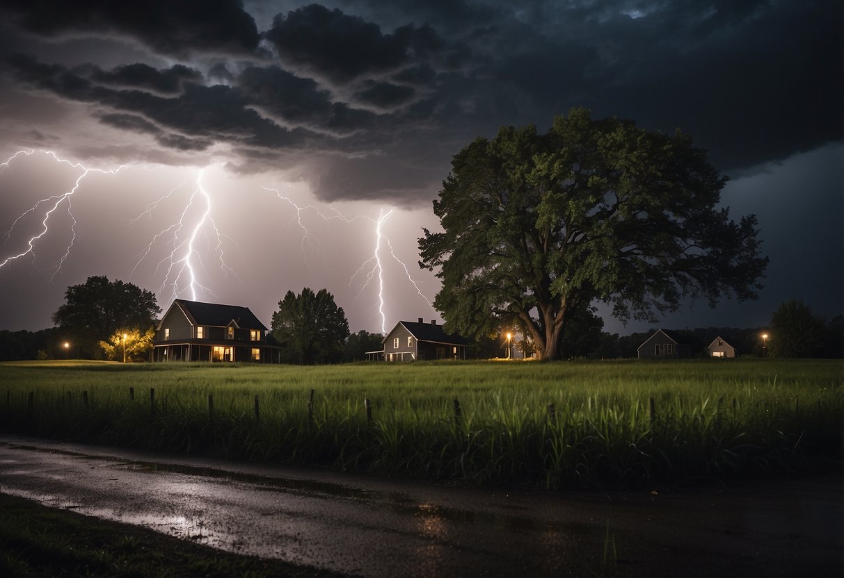 Dark clouds loom overhead as lightning flashes in the distance. Trees sway violently in the wind, while rain pelts the ground. A house stands sturdy, with boarded windows and a secure roof