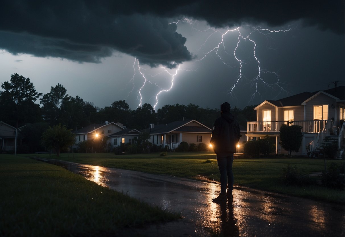 Dark stormy sky, rain pouring down. A person unplugging appliances. Lightning flashes in the distance