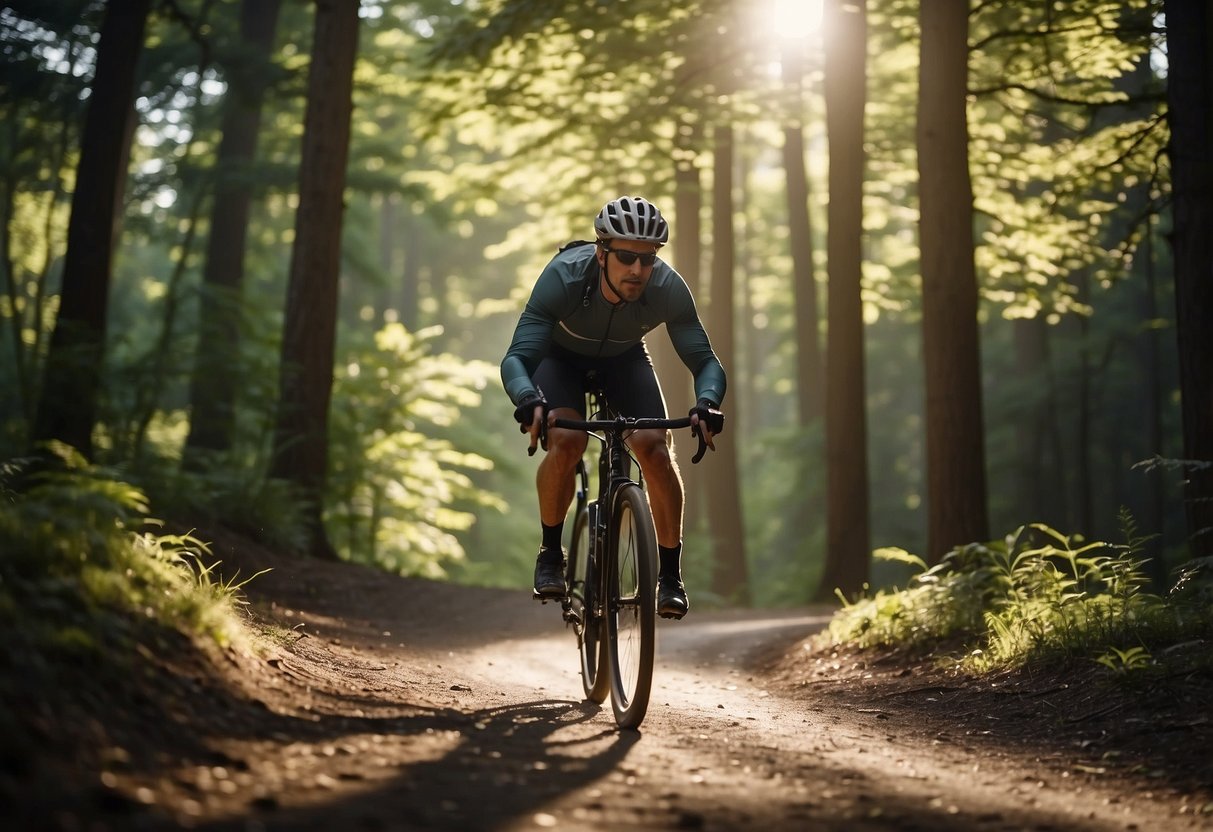 A cyclist zips through a forest, wearing a sleek, lightweight biking jacket. The sun shines through the trees as the cyclist effortlessly maneuvers the winding trail