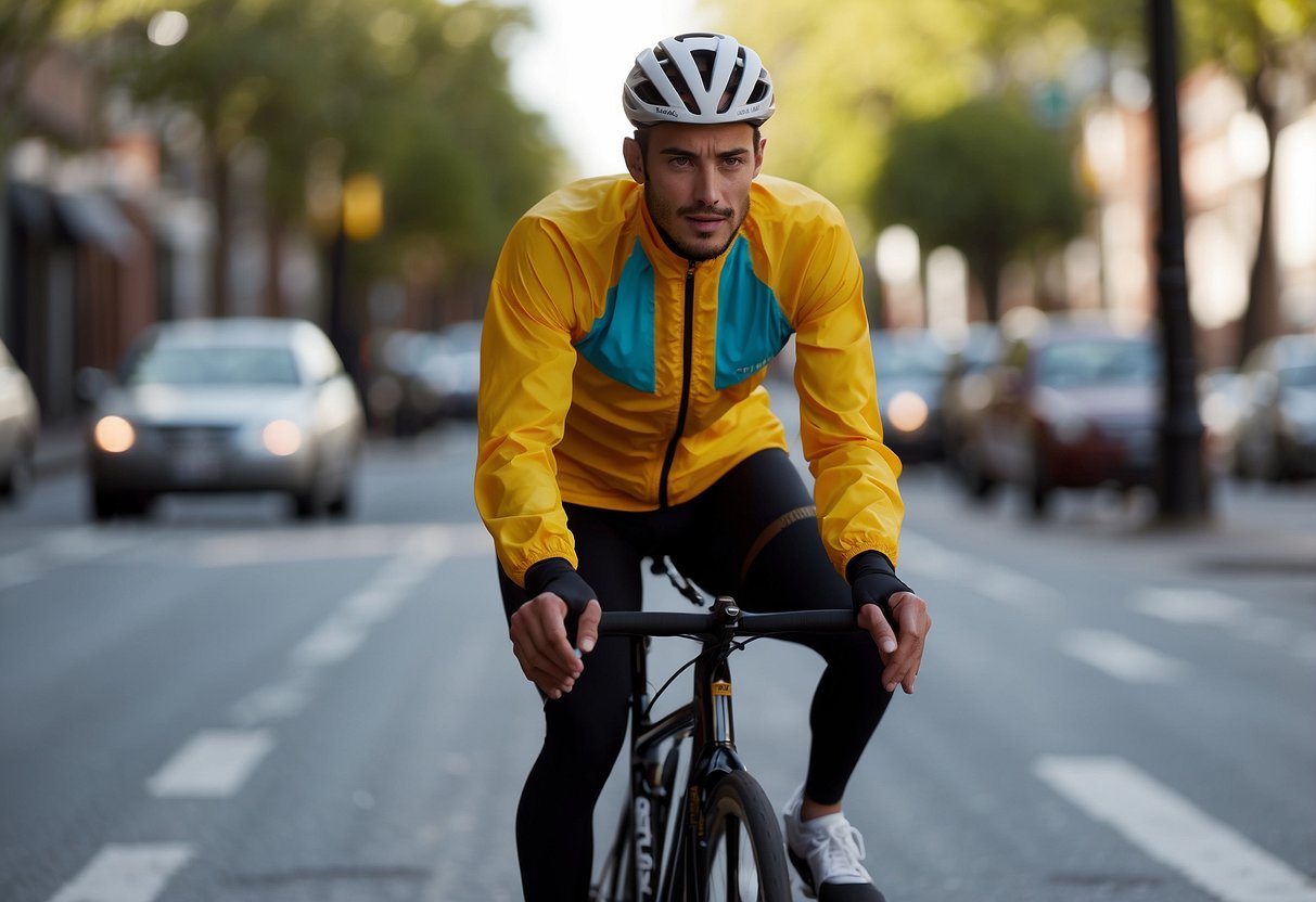 A cyclist zips through a breezy city street, wearing a Columbia Flash Forward Windbreaker. The lightweight jacket flutters in the wind, with its reflective details catching the sunlight